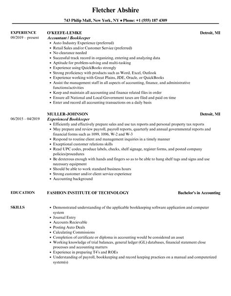 bookkeeper sample resume